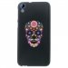 TPU1DES820SKULLFLEUR - Coque Souple en gel noir pour HTC Desire 820 avec impression Motifs crâne en fleurs sur fond noir